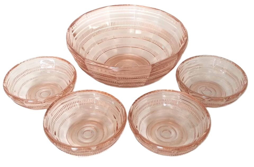 Late Victorian Salmon Glass Fruit Bowl With 4 Serving Bowls