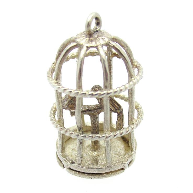 Sterling Silver Bird Cage with Love Birds Charm