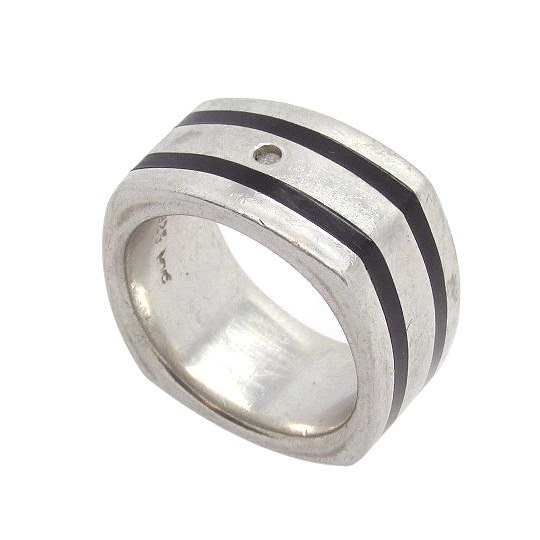 Sterling Silver Heavy Band Ring Set with Diamond & 2 Black Stripes