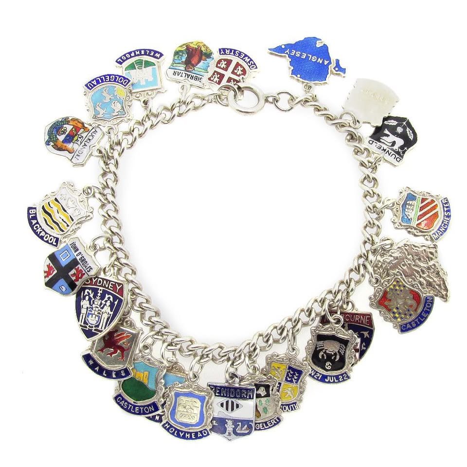 Sterling Silver Curb Link Shield Charm Bracelet Set with 23 Shield Charms