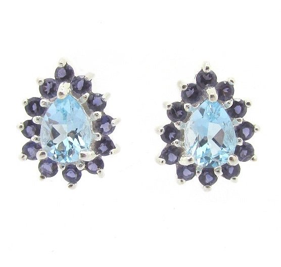 Sterling Silver Pear Shaped Stud Earrings Set with Large Pear Shaped Blue Centre Stone