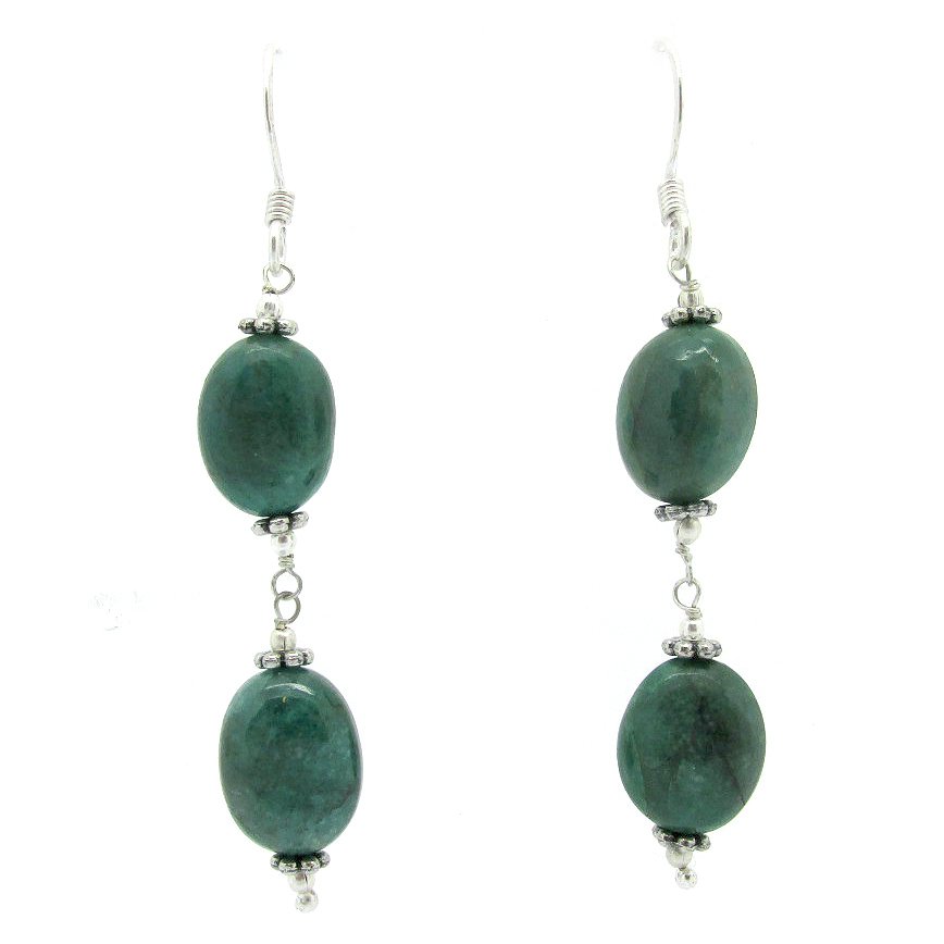 Silver Cabochon Emerald Gemstone Drop Earrings
