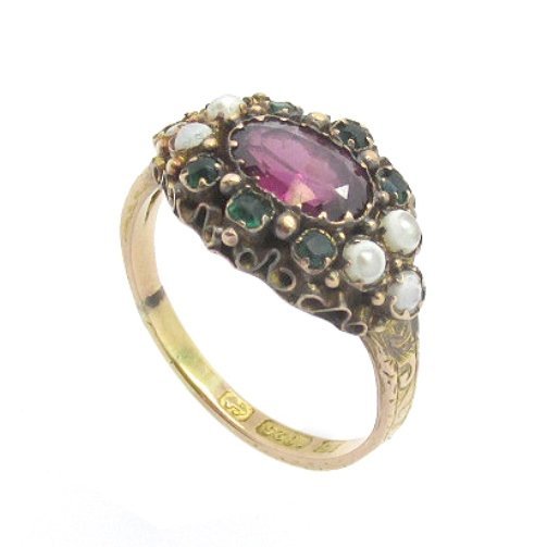 Vintage 15ct Gold Victorian Amethyst, Sea Pearl & Emerald Ring