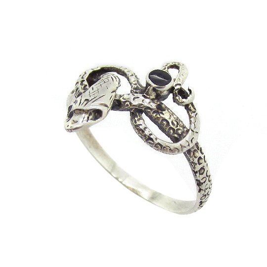 Sterling Silver Snake Shaped Ring with Black Stone