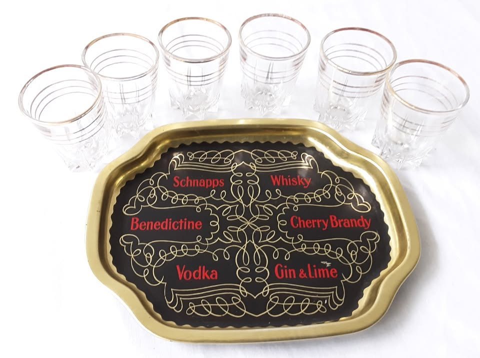 6 Vintage Shot Glasses With Metal Tray