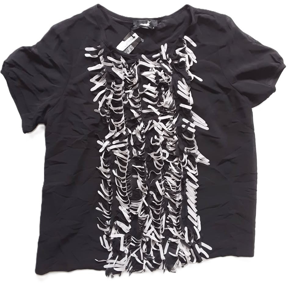 Mondi Ladies Black Top With Grey & Black Fringe Detail To Front