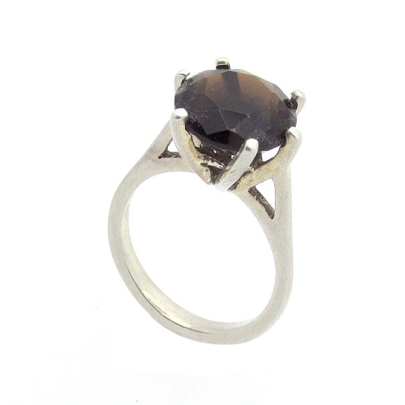 Sterling Silver Large Solitaire Ring with a Round Smokey Quartz Stone