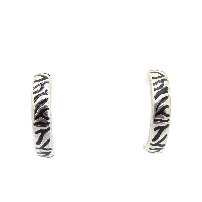 Sterling Silver Half Hoop Earrings With Black Engraved Markings