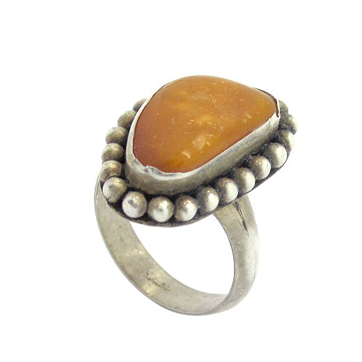 Sterling Silver Ring Set with Large Amber Coloured Stone