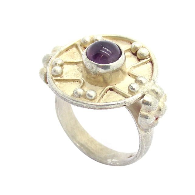 Sterling Silver Celtic Style Ring With Centre Purple Stone Set In Shield Design