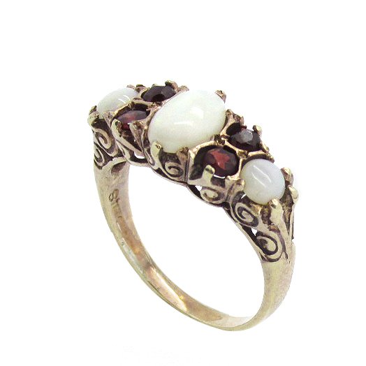Vintage Victorian Sterling Silver Gold Plated Ring Set With 3 Fire Opals & 4 Garnets