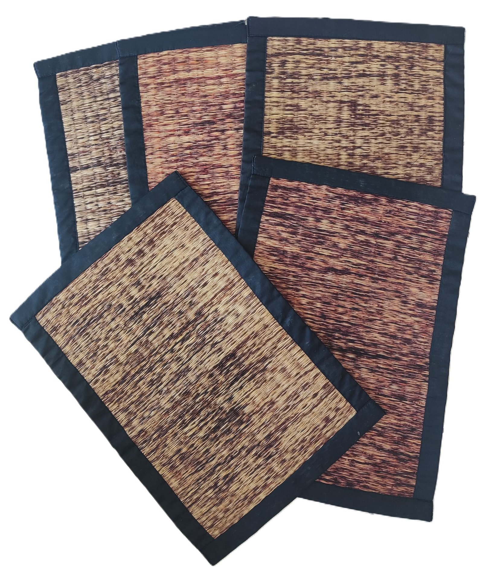 5 x Woven Reed Placemats With Black Fabric Edging