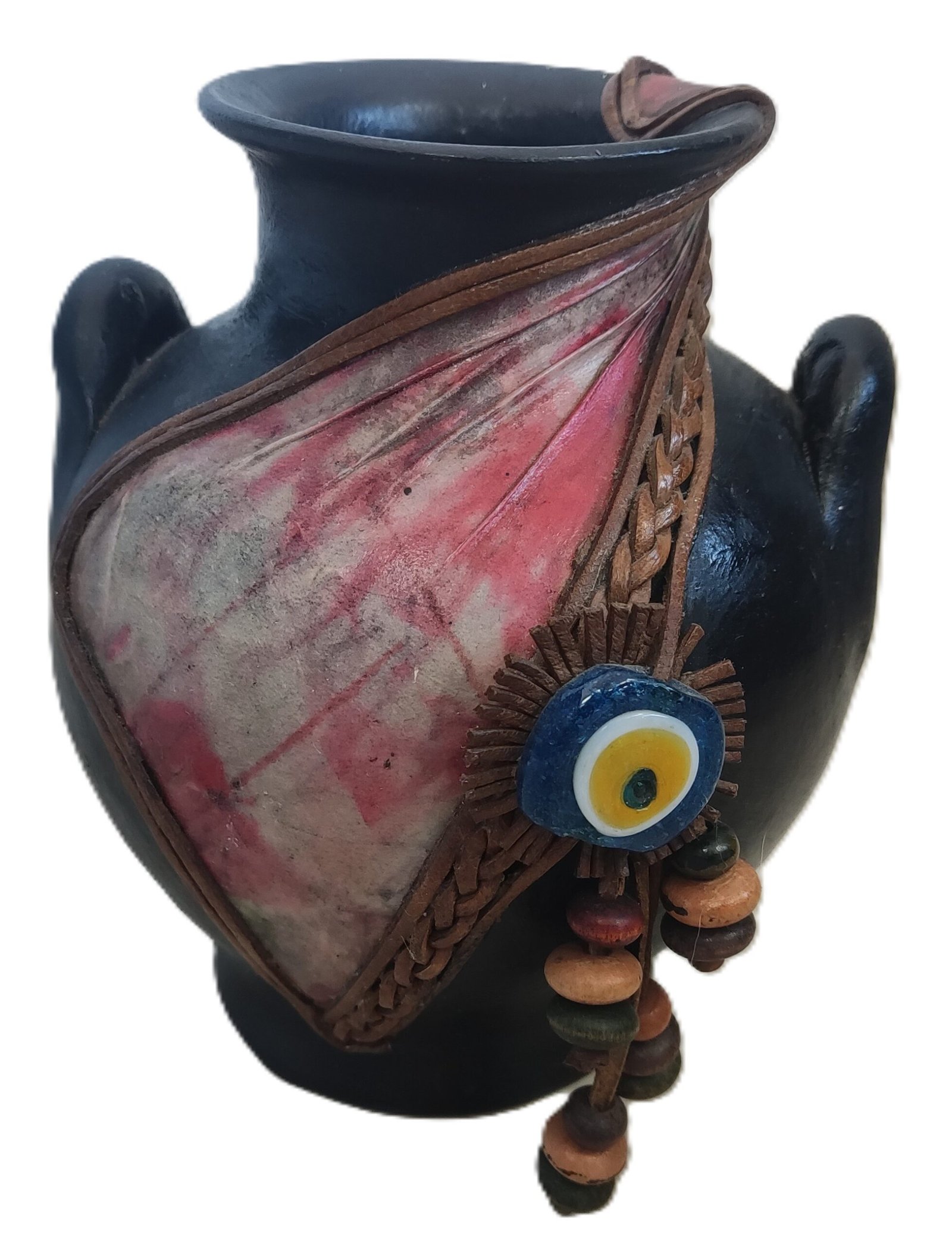 Ceramic Pottery Vase With Leather & Bead Decoration