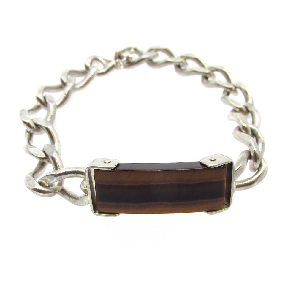 Vintage Sterling Silver Chunky Curb Link Bracelet set with Tigers Eye Bar