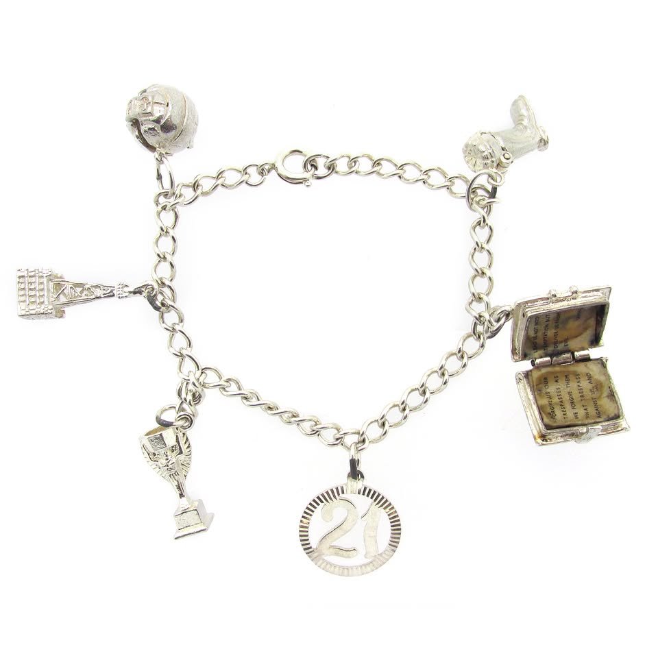 Sterling Silver Curb Link Charm Bracelet set with 6 Charms