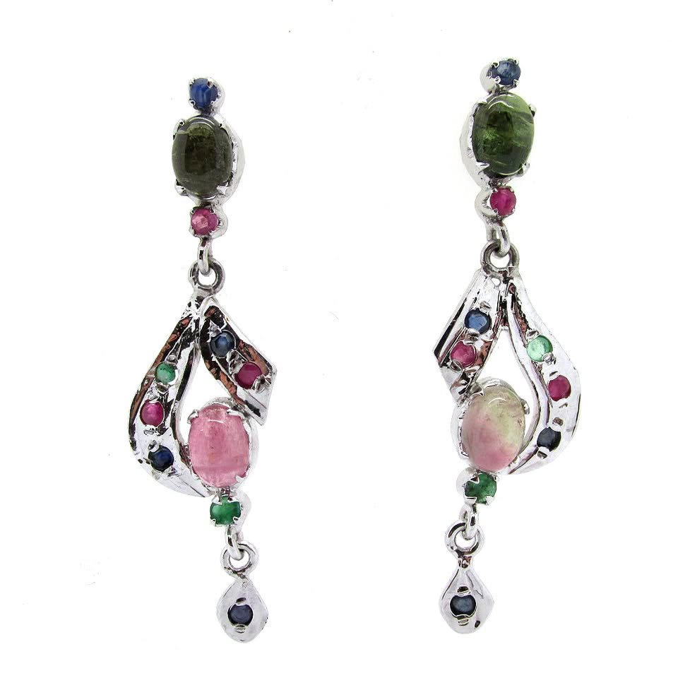 Multi Gemstone Drop Earrings with Ruby & Sapphire Accents
