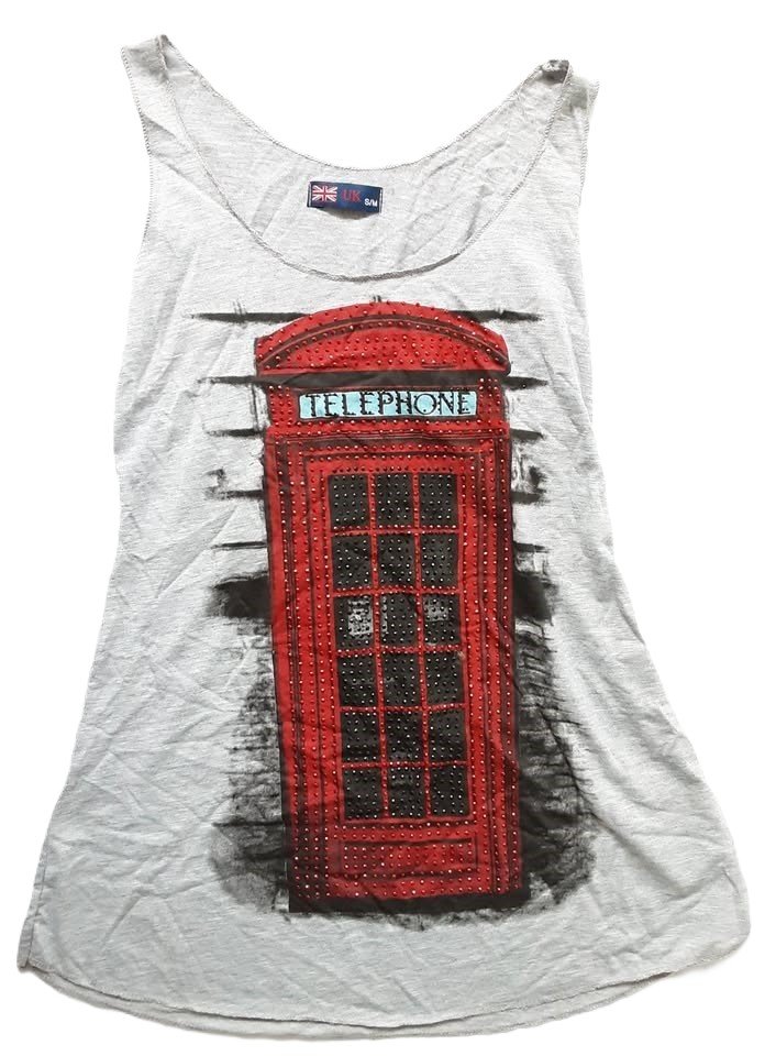 Ladies Grey Tank Top With UK Red Telephone Box Design