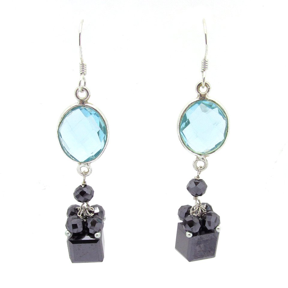Silver Enhanced Black Diamond And Blue Topaz Earrings