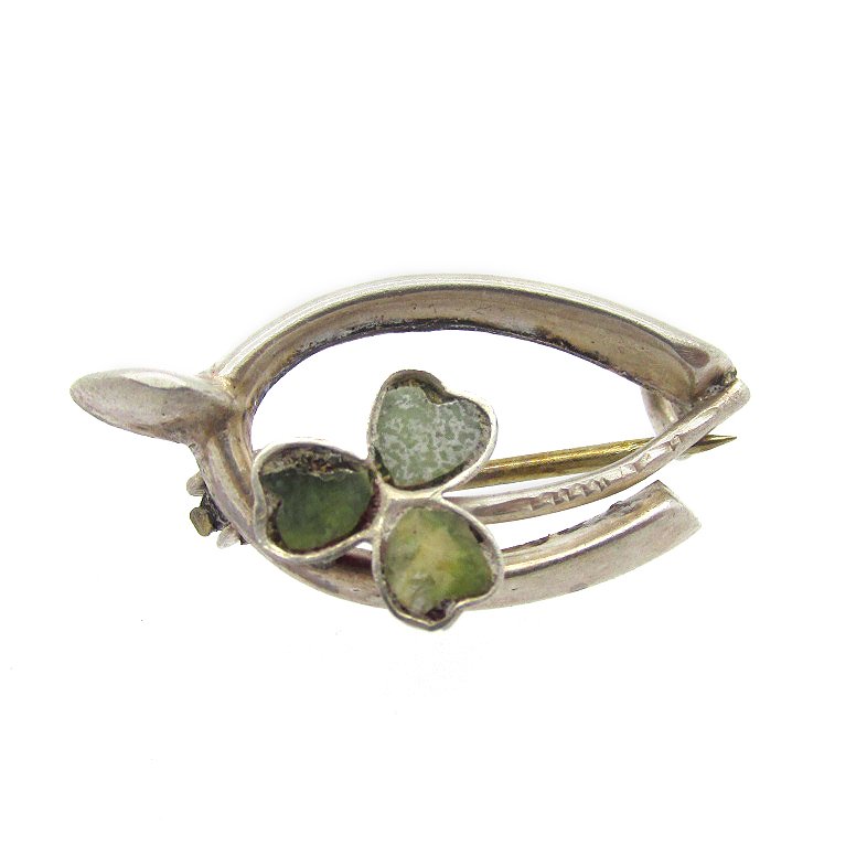 Sterling Silver Wishbone Brooch Set With Green Stoned Set Clover