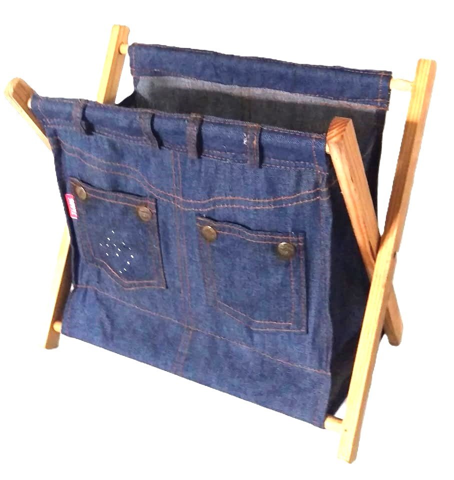 Jeans Fold Up Denim Sewing Basket Wood Framed